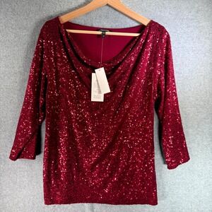 Eileen Fisher Tunic Top Womens Medium‎ Wine Sequin Embellished Drape Cowl Neck